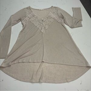 Paper & Tea Bohemian Long Sleeve Shirt - Tan, Lace, Cute Buttons, Size Medium